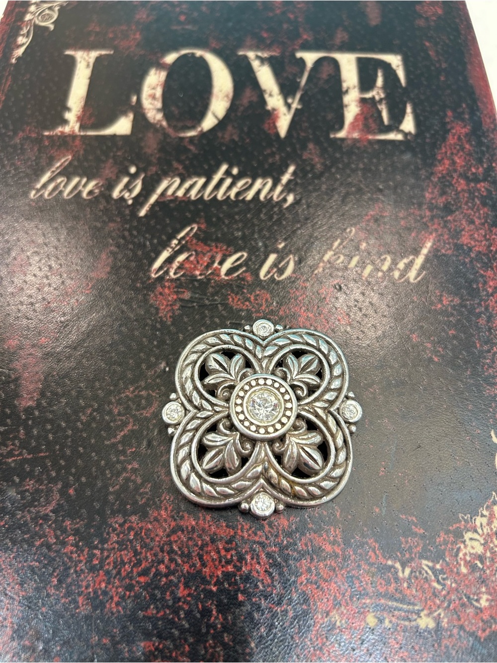 Brighton Silver Filigree Floral Brooch with Clear Stones